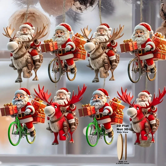 8/16/24Pcs Christmas Wooden Bicycle Santa Claus 2D Flat Wooden Pendant Christmas Tree Decoration Perfect Holiday Gift Decor