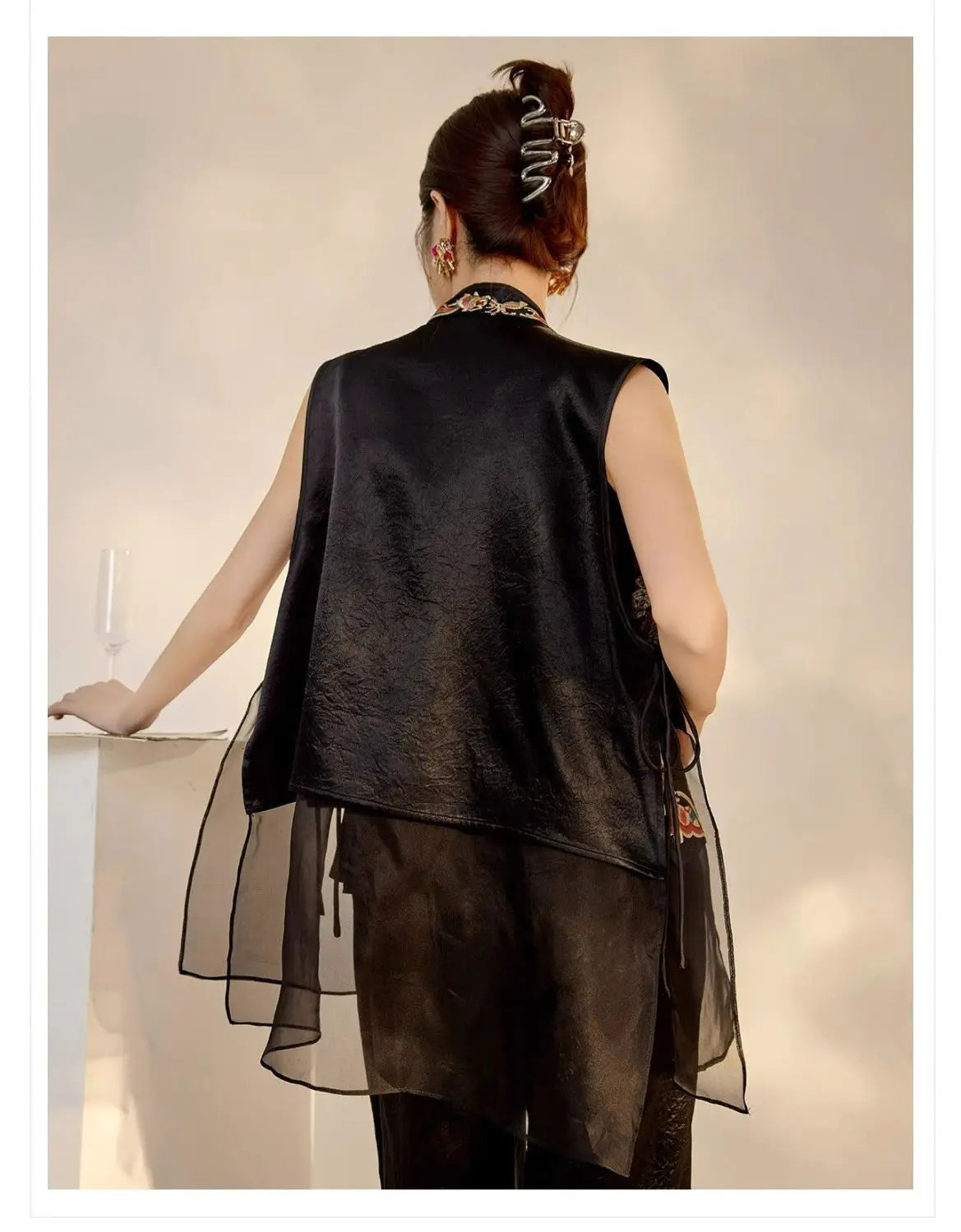Oriental Vintage Tang Suit Women Vest Black Jacquard Heavy Phoenix Embroidery Organza Splicing Side Tie Sleeveless Waistcoat