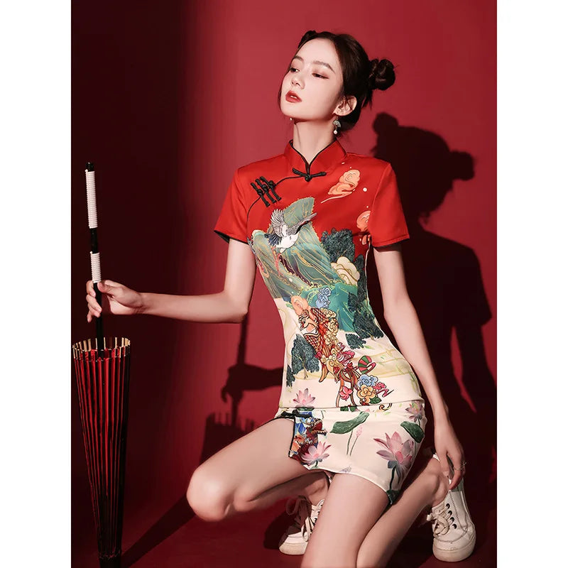 Y2K New Fashion Vintage Cheongsams Chinese Traditional Dress Personality Printed Improved Qipao ципао 치파오 Robe Soirée