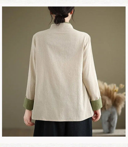 Womens Chinese Style Improved Hanfu Blouse Oblique V Neck Tie Side Contrast Trim Loose Cotton Linen Zen Tea Clothing Tops