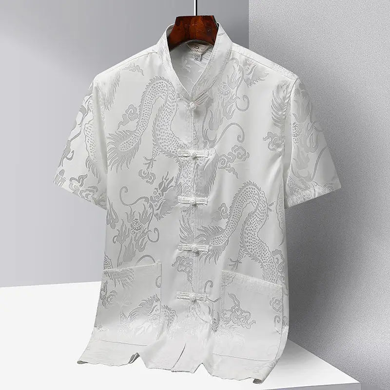 Chinese-style Men Short-sleeved Shirt, Summer Stand-up Collar Single-breasted Shirts, Decorated with Chinese Dragon Patterns.