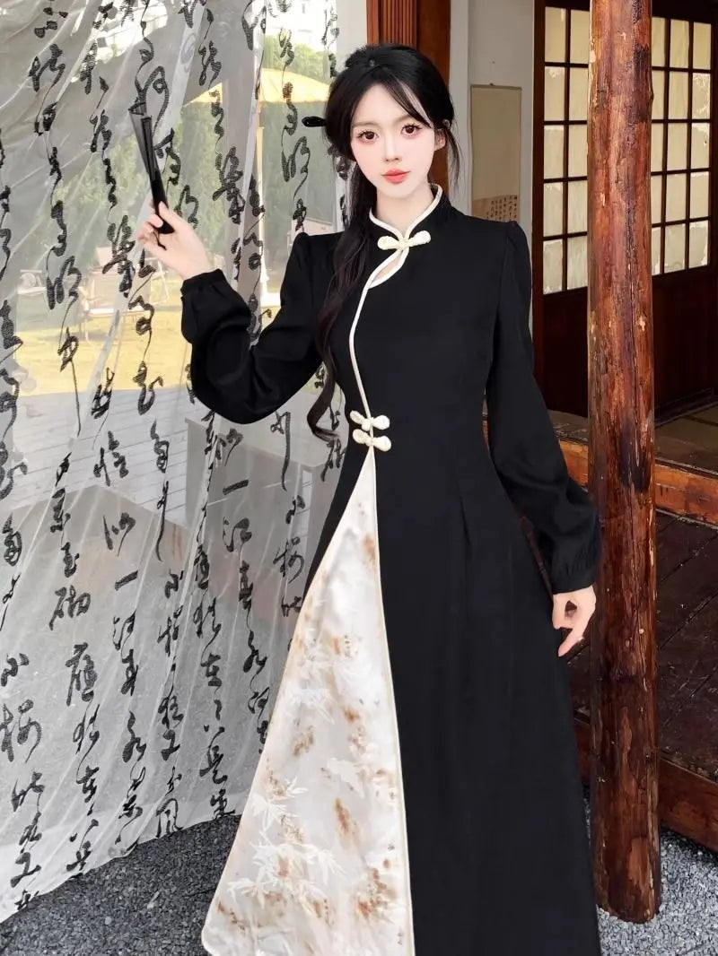 New Chinese National Style New Year Battle Robe Button Modified Qipao Long Dress Women Temperament Splicing Dark Pattern Dresses