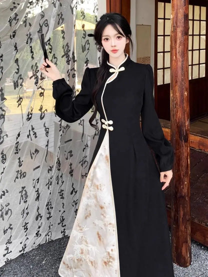 New Chinese National Style New Year Battle Robe Button Modified Qipao Long Dress Women Temperament Splicing Dark Pattern Dresses