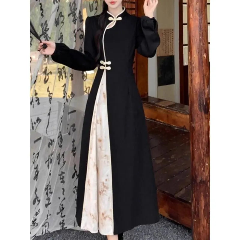New Chinese National Style New Year Battle Robe Button Modified Qipao Long Dress Women Temperament Splicing Dark Pattern Dresses
