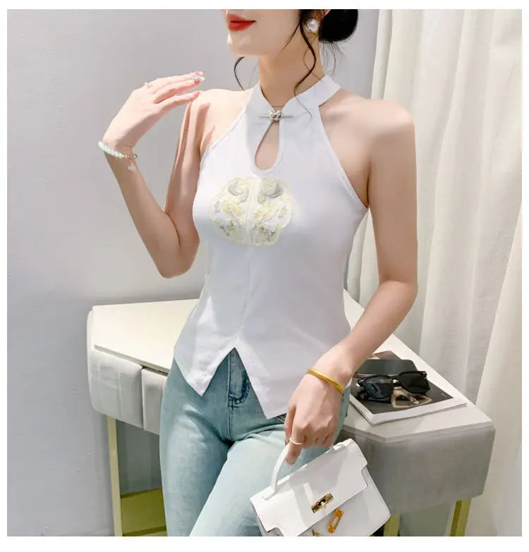 Chinese Style Embroidered Halterneck Vest Ladies Sleeveless Summer Wear Off-the-shoulder Small Suspender Chinese Slim Tank Top