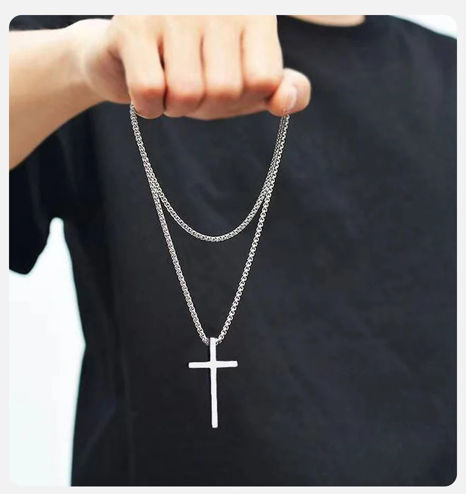Cross Necklace for Men Women, Silver Color Plain Cross Pendant Collar with Stainless Steel Box Chain