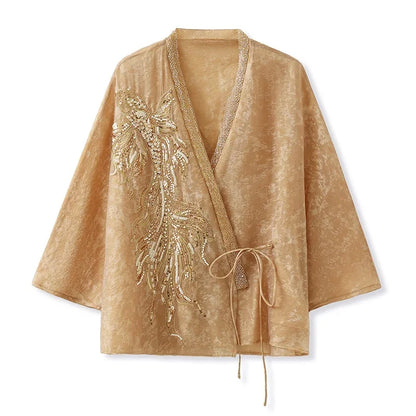 Chinese Style Tang Clothes Sequin Embroidery Hanfu Vintage Mandarin Collar Jacket Lady Elegant Tops Autumn Spring Outwear