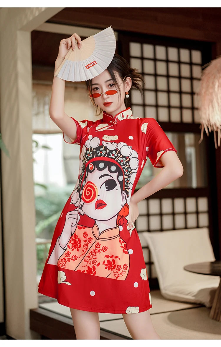 Chinese Traditional National Style Fashion Cartoon Printing Qipao Dress Summer Short Sleeve Elegant Modern Improved Cheongsam
