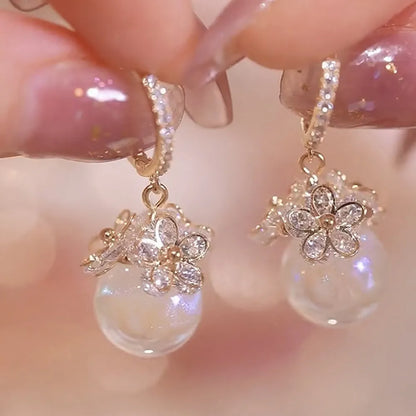 New Trend Simulation Pearl Long Earrings Women's Flower Rhinestone Wedding Pendant Earrings Fashion Korean Jewelry Earrings