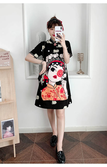 Chinese Traditional National Style Fashion Cartoon Printing Qipao Dress Summer Short Sleeve Elegant Modern Improved Cheongsam