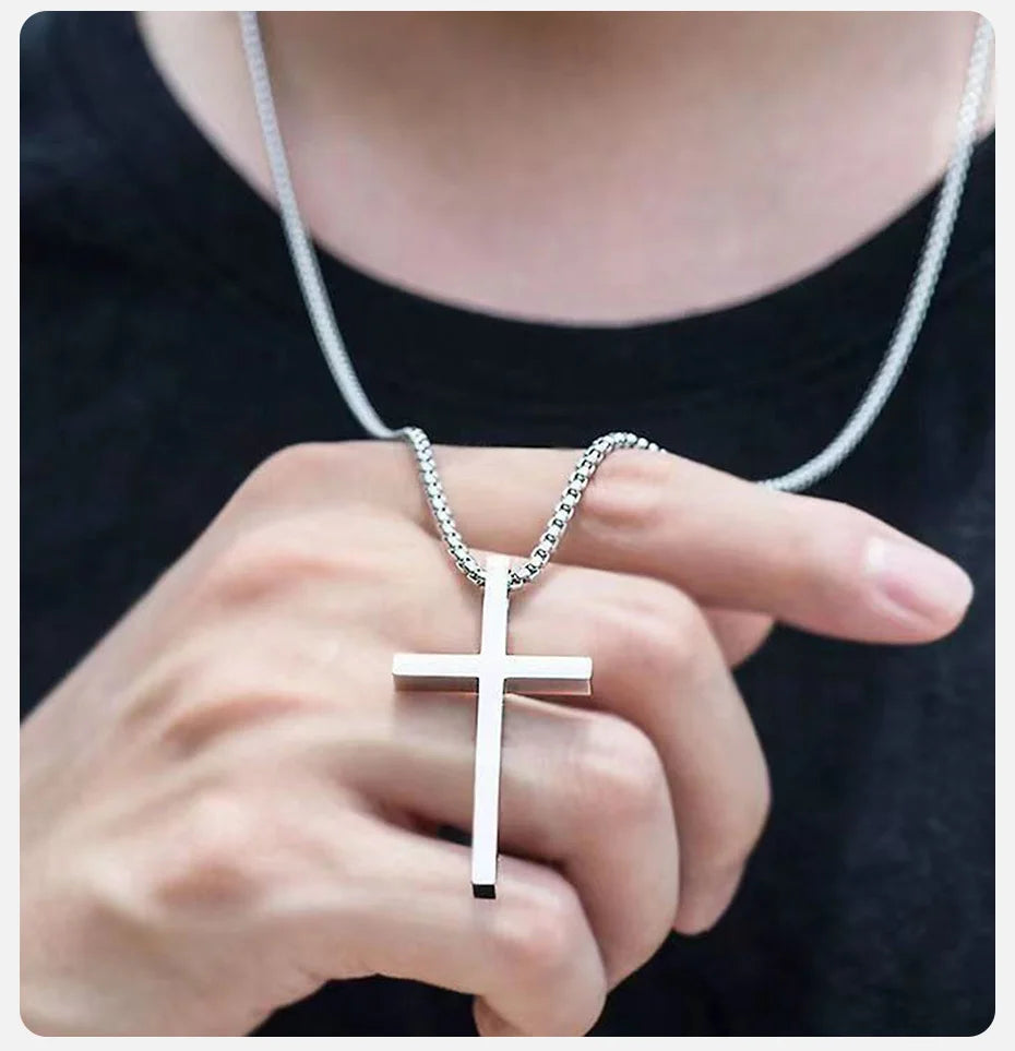 Cross Necklace for Men Women, Silver Color Plain Cross Pendant Collar with Stainless Steel Box Chain