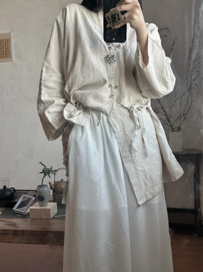 Chinese Style Diagonal Closure Zen Womens Tops Fashion Cotton Linen Asymmetrical Placket Blouse Women Loose Fit Clothes