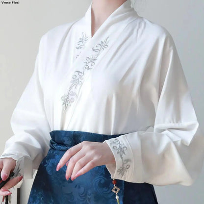 Vintage Women Chinese Traditional Hanfu Cardigan Shirt + Blue Pleated Mamian Skirt Chinese Hot Hanfu Shirt Horse Face Skirt Set