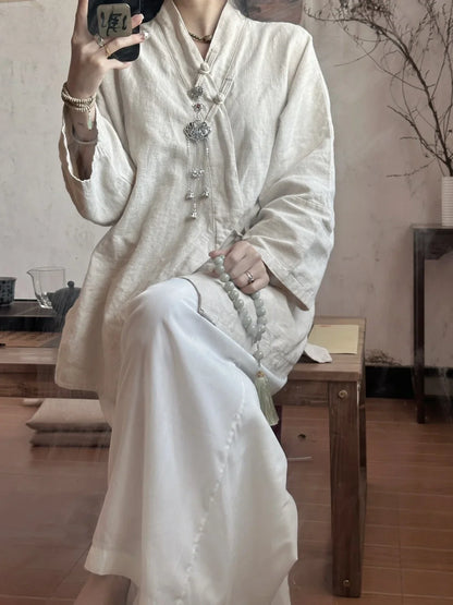 Chinese Style Diagonal Closure Zen Womens Tops Fashion Cotton Linen Asymmetrical Placket Blouse Women Loose Fit Clothes