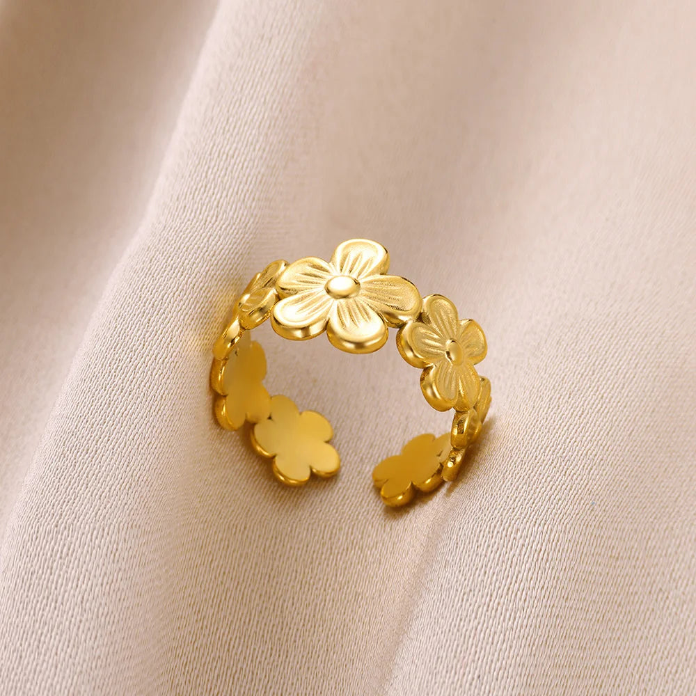 Stainless Steel Flower Open Rings For Women Trend Wedding Heart Jewelry Gold Color Geometric Hollow Ring Daily Accessories Gift