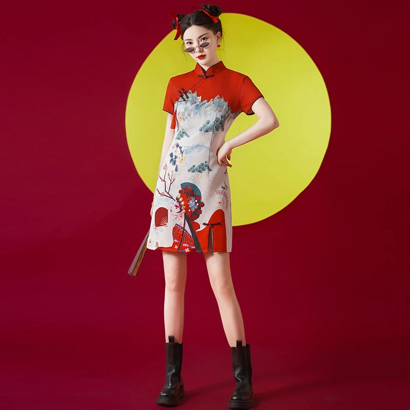 Women's Modern Cheongsam Dress - Red Retro Floral Print Qipao Modern Chic Chinese Style Party Dress