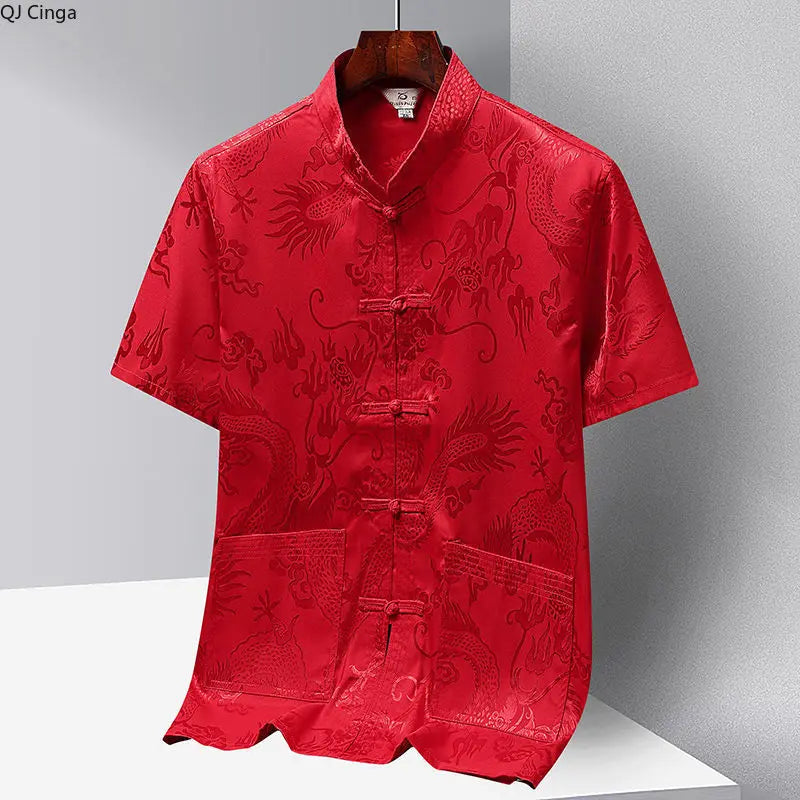 Chinese-style Men Short-sleeved Shirt, Summer Stand-up Collar Single-breasted Shirts, Decorated with Chinese Dragon Patterns.