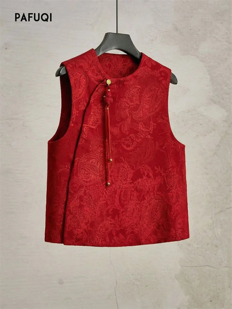 Chinese High-end Light National Style Cardigan Vest Coat in Spring and Summer Red Cashew Flower Round Neck New Year Vest Coat