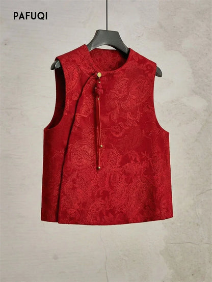 Chinese High-end Light National Style Cardigan Vest Coat in Spring and Summer Red Cashew Flower Round Neck New Year Vest Coat