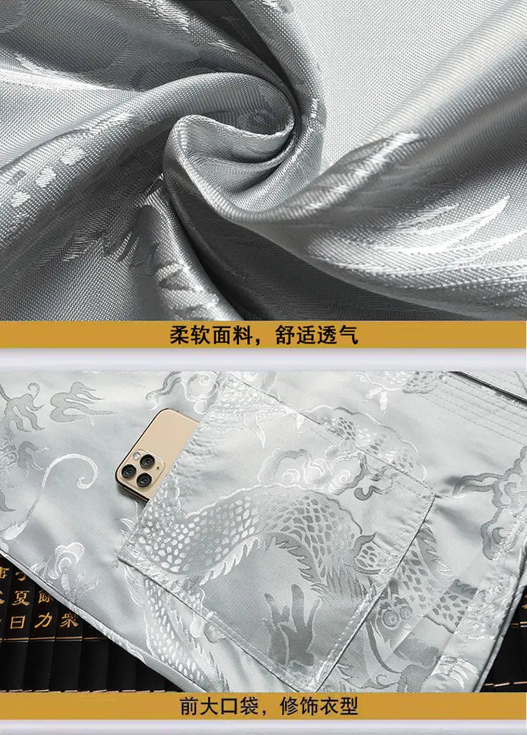 Chinese-style Men Short-sleeved Shirt, Summer Stand-up Collar Single-breasted Shirts, Decorated with Chinese Dragon Patterns.