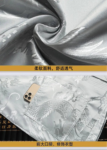 Chinese-style Men Short-sleeved Shirt, Summer Stand-up Collar Single-breasted Shirts, Decorated with Chinese Dragon Patterns.