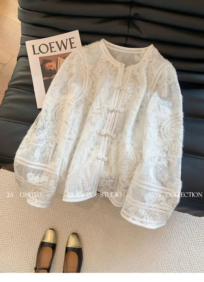 Heavy Industry Lace Hollow Shirt Underwear for Women's Spring New Style Retro Button New Chinese Style Top