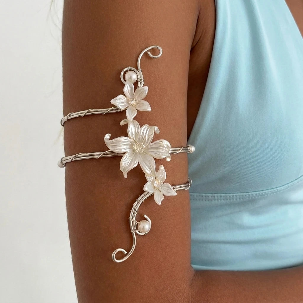Elegant Gold Color Wire-Wrapped Upper Arm Cuff for Women Romantic Pink Iris Flower Armlet Bracelet Beach Party Charms Jewelry