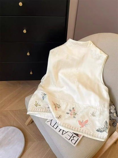 Chinese Retro Embroidered Sleeveless Buckle Vest Spring and Autumn Design Sense Fashionable and Versatile Temperament Tank top