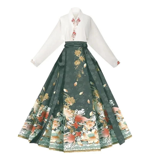 New Chinese Horse Face Skirt Two-piece Women's 2024 New Hanfu Female Tops Fashion Loose Print Birthday Party Banquet Dance Dress