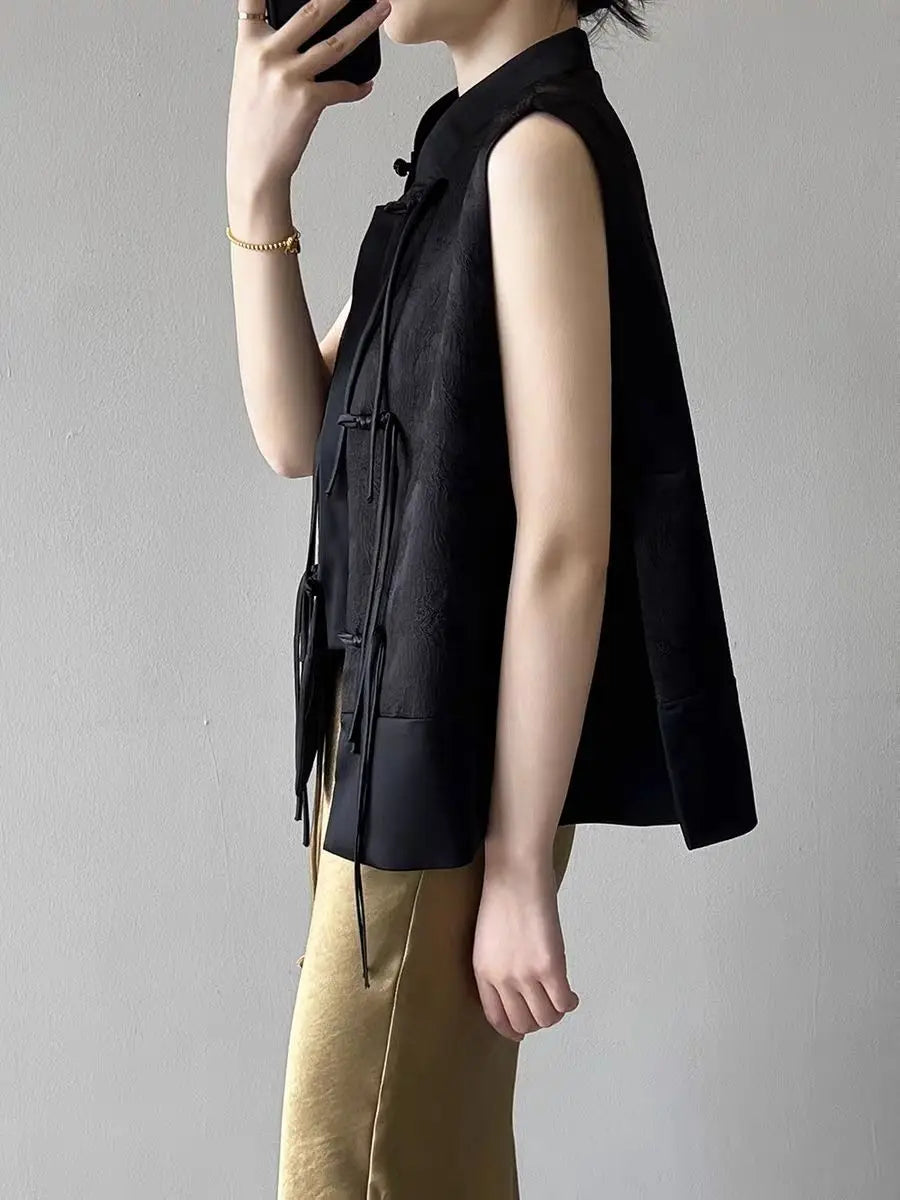 Chinese New Plate Button Vest Jacket 2025 Spring New Jacquard Stand Collar Sleeveless Waistcoat Retro Women Cheongsam Tops