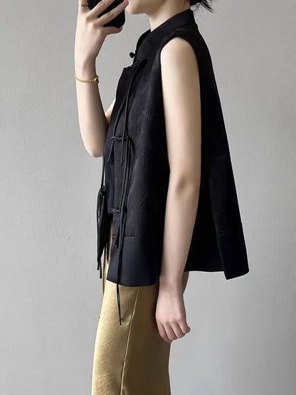 Chinese New Plate Button Vest Jacket 2025 Spring New Jacquard Stand Collar Sleeveless Waistcoat Retro Women Cheongsam Tops