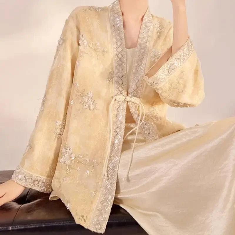 Chinese Style Tang Clothes Sequin Embroidery Hanfu Vintage Mandarin Collar Jacket Lady Elegant Tops Autumn Spring Outwear