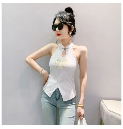 Chinese Style Embroidered Halterneck Vest Ladies Sleeveless Summer Wear Off-the-shoulder Small Suspender Chinese Slim Tank Top
