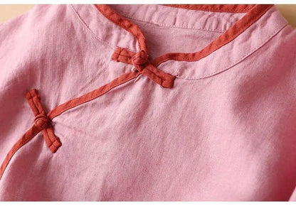 2023 Chinese Style Embroidery Blouse for Women  Summer O-neck Short Sleeve Cotton and  Linen traditional Tang suit Top