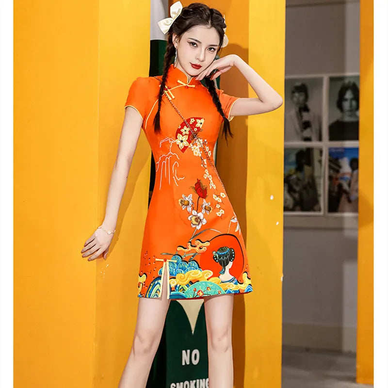 Y2K High Street New Fashion Cheongsams Women Improved Qipao Personality Printed Chinese Dress ципао 치파오 Robe Soirée Femme Luxe