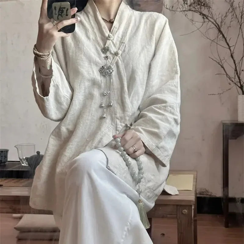 Chinese Style Diagonal Closure Zen Womens Tops Fashion Cotton Linen Asymmetrical Placket Blouse Women Loose Fit Clothes