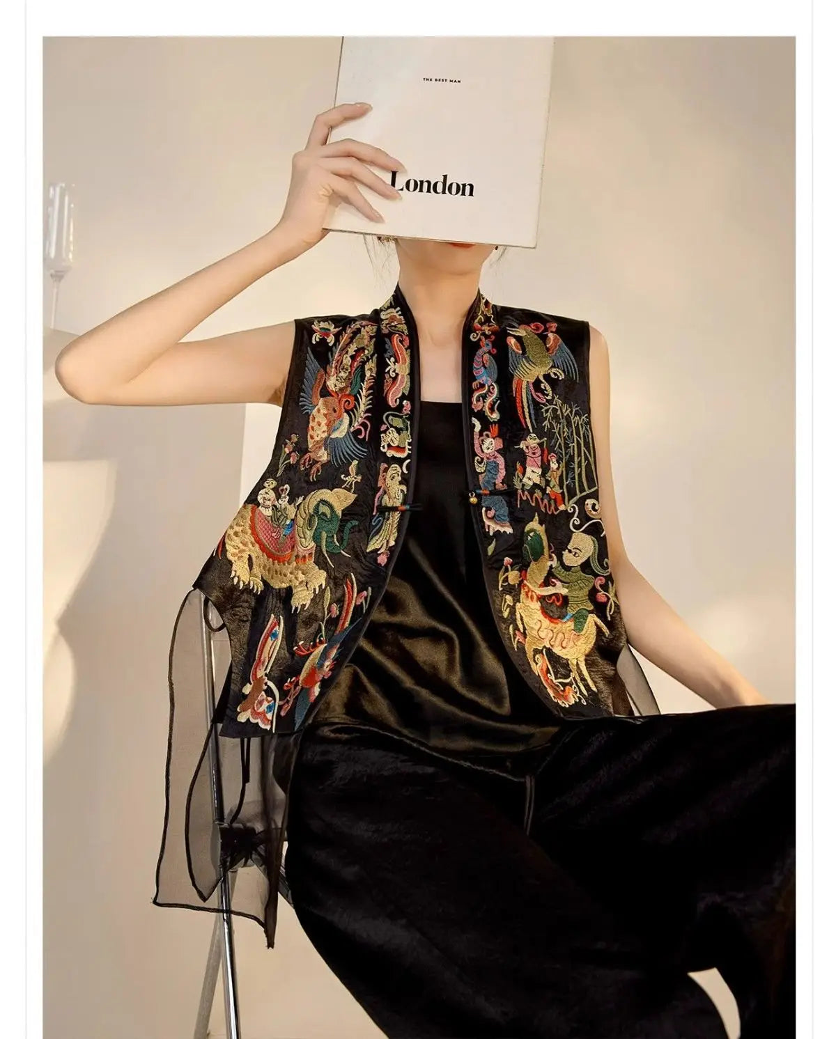 Oriental Vintage Tang Suit Women Vest Black Jacquard Heavy Phoenix Embroidery Organza Splicing Side Tie Sleeveless Waistcoat