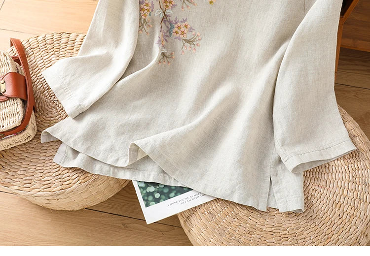 Chinese Style Women's Blouses Korean Embroidery Shirt FASHION Loose Spring/Summer Cotton Linen Clothing Three Quarter Women Tops