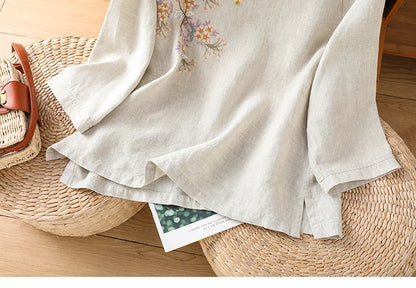 Chinese Style Women's Blouses Korean Embroidery Shirt FASHION Loose Spring/Summer Cotton Linen Clothing Three Quarter Women Tops
