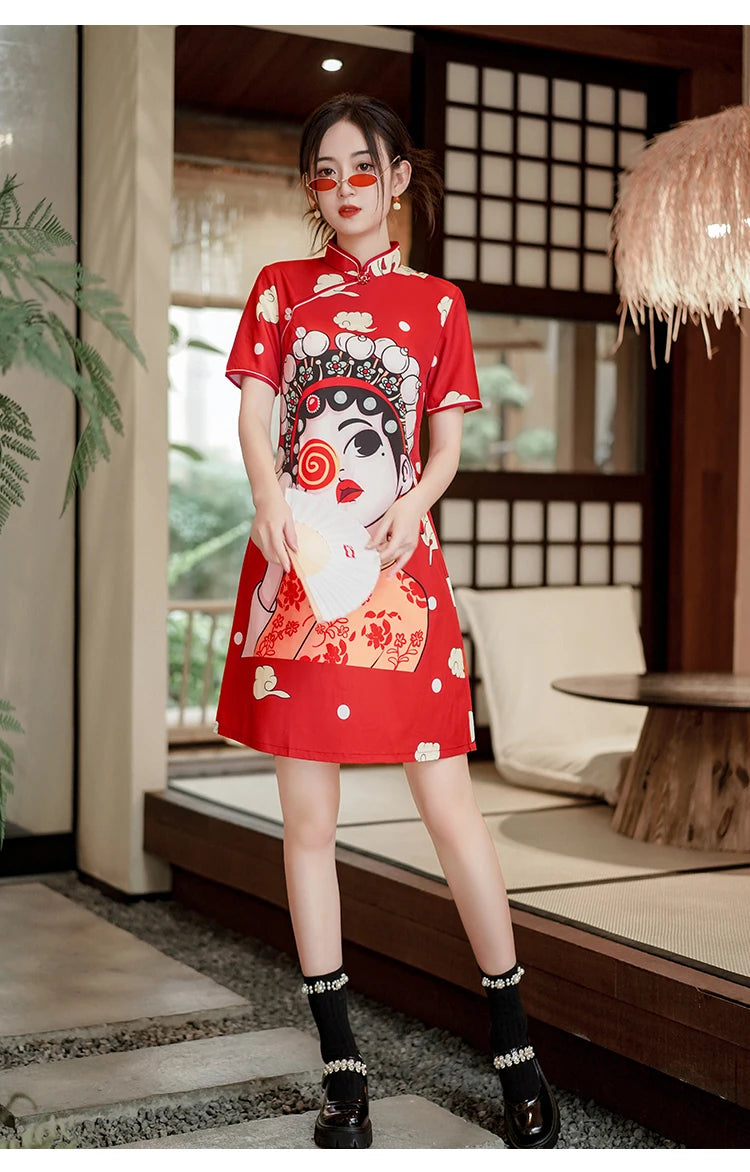 Chinese Traditional National Style Fashion Cartoon Printing Qipao Dress Summer Short Sleeve Elegant Modern Improved Cheongsam