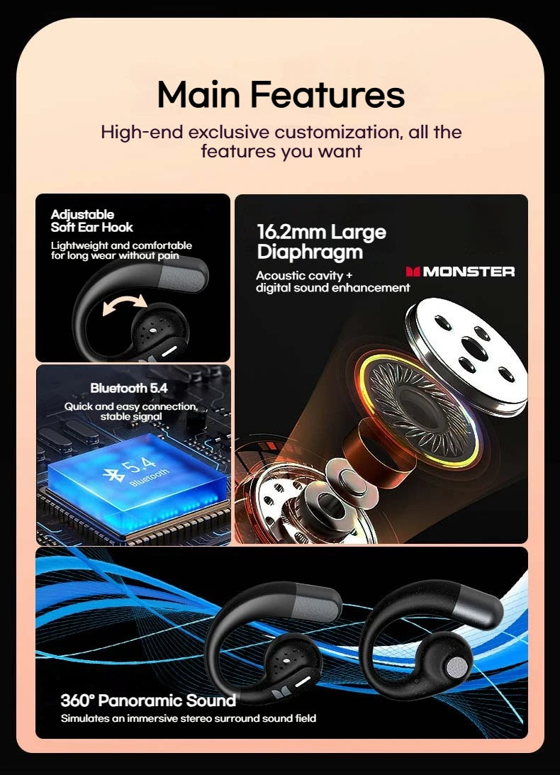Monster Touch Pro100 OWS Ear Hook Headphones Smart Touch Screen Bluetooth 5.4 Earbuds Open Ear Wireless Earphone Support TF Card