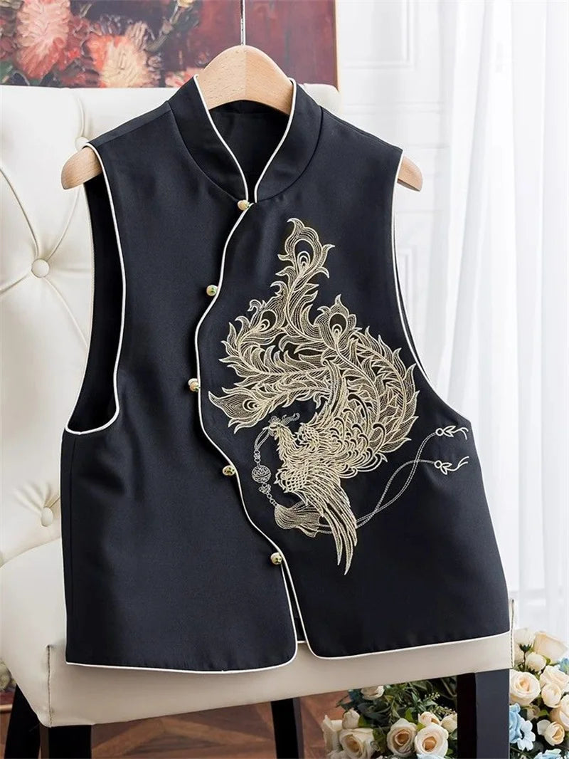 Women's Vest Women's Jackets Chinese Style Golden Phoenix Embroidered Spring and Autumn Vest Women's Single-breasted Vest Coat
