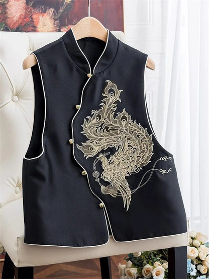 Women's Vest Women's Jackets Chinese Style Golden Phoenix Embroidered Spring and Autumn Vest Women's Single-breasted Vest Coat