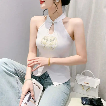 Chinese Style Embroidered Halterneck Vest Ladies Sleeveless Summer Wear Off-the-shoulder Small Suspender Chinese Slim Tank Top