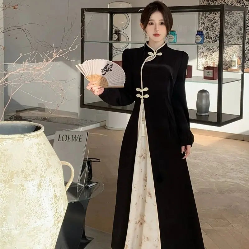 New Chinese Style Modified Cheongsam Dress for Women Spring and Autumn National Style Dark Pattern Jacquard Fashion Long Skirt