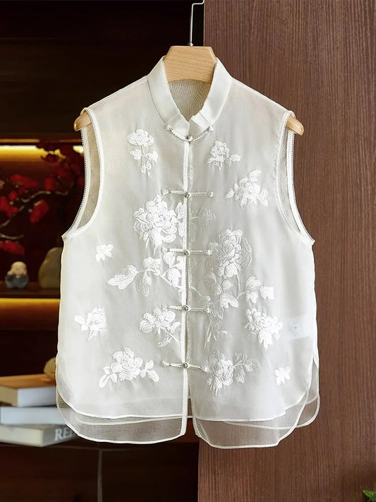 Floral Embroidered Jacquard Chiffon Vest Women Retro Chinese Vintage Ethinic Style Sleeveless Tops Oversized