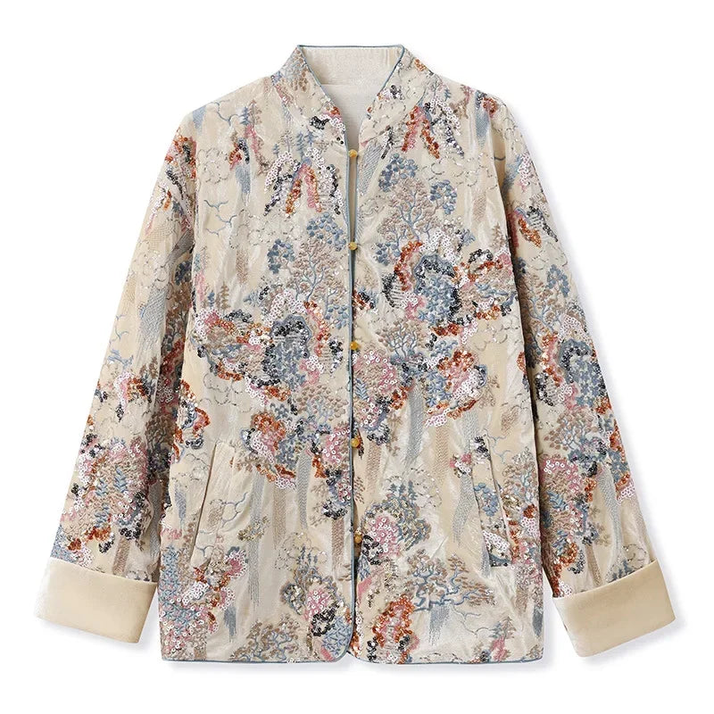 Chinese Style Tang Clothes Sequin Embroidery Hanfu Vintage Mandarin Collar Jacket Lady Elegant Tops Autumn Spring Outwear