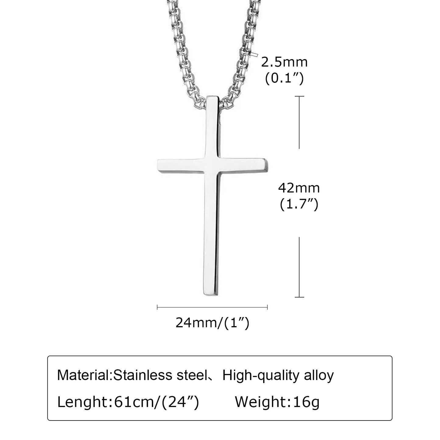 Cross Necklace for Men Women, Silver Color Plain Cross Pendant Collar with Stainless Steel Box Chain