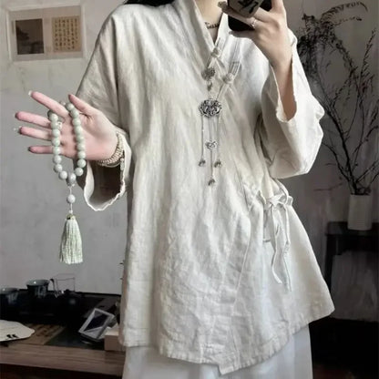Chinese Style Diagonal Closure Zen Womens Tops Fashion Cotton Linen Asymmetrical Placket Blouse Women Loose Fit Clothes