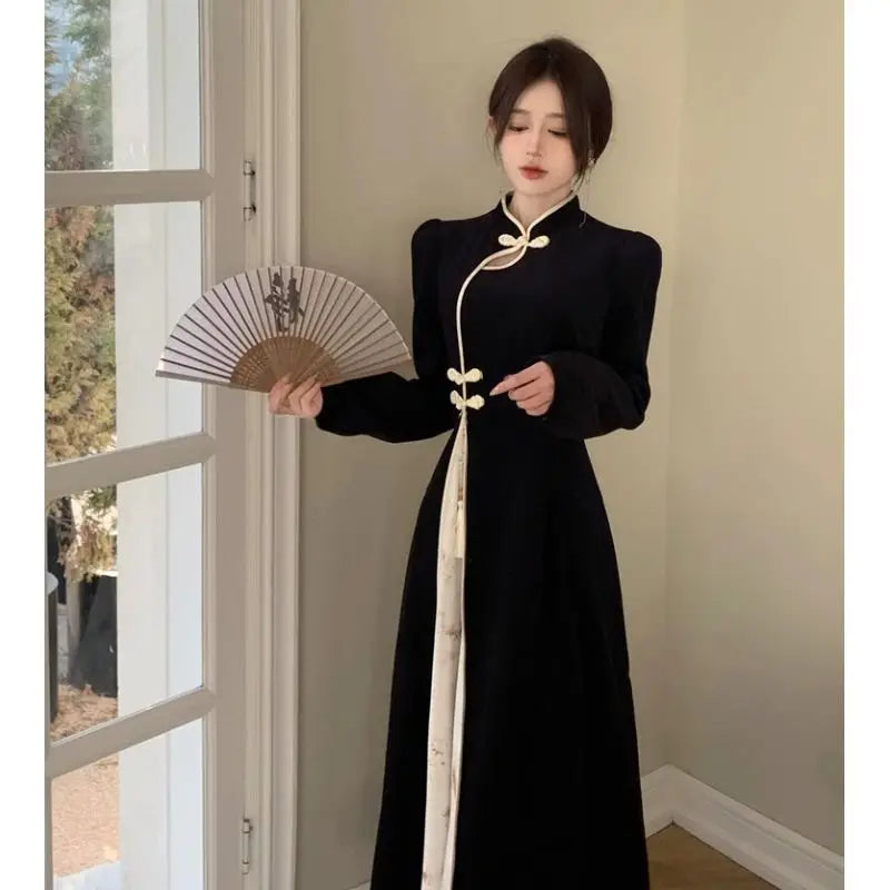New Chinese Style Modified Cheongsam Dress for Women Spring and Autumn National Style Dark Pattern Jacquard Fashion Long Skirt